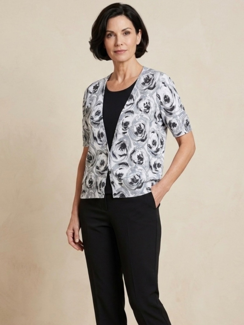 Vtg Cathy Daniels L Black/White Abstract Studded Cardigan Top Y2K Office Siren